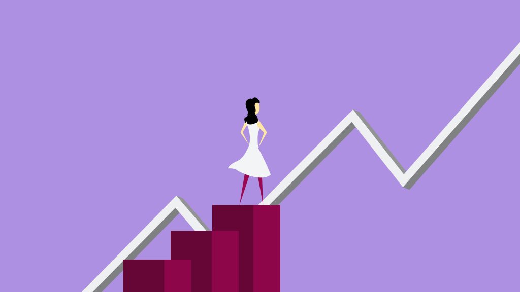 Illustration of woman analyzing graphic with progressing pattern